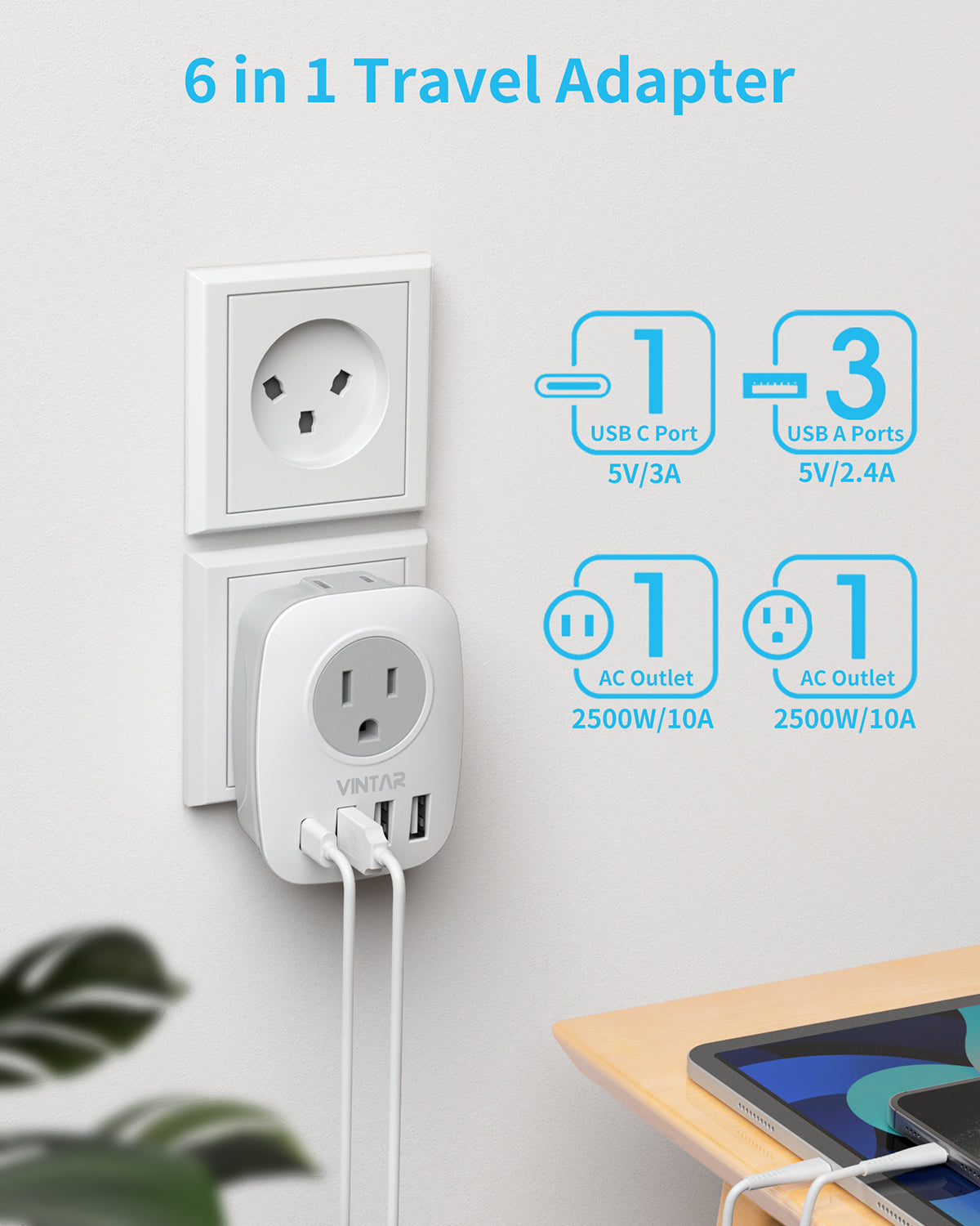 Israel Power Adapter, VINTAR Israel Plug Adapter with 1 USB C,3 USB Ports and 2 American Outlets,6 in 1 Type H Travel Adapter for US to Israel, Jerusalem, Palestine