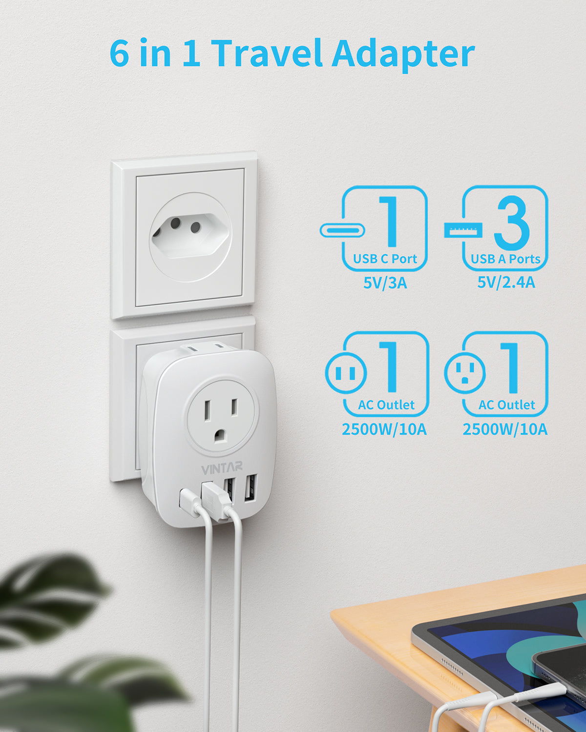 Brazil Adapter Plug, VINTAR Type N Plug Adapter with 1 USB-C, 3 USB Ports and 2 American Outlets, 6 in 1 Brazil Power Adapter for US to Brazil