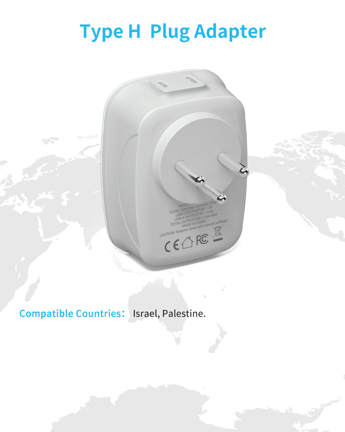 Israel Power Adapter, VINTAR Israel Plug Adapter with 1 USB C,3 USB Ports and 2 American Outlets,6 in 1 Type H Travel Adapter for US to Israel, Jerusalem, Palestine