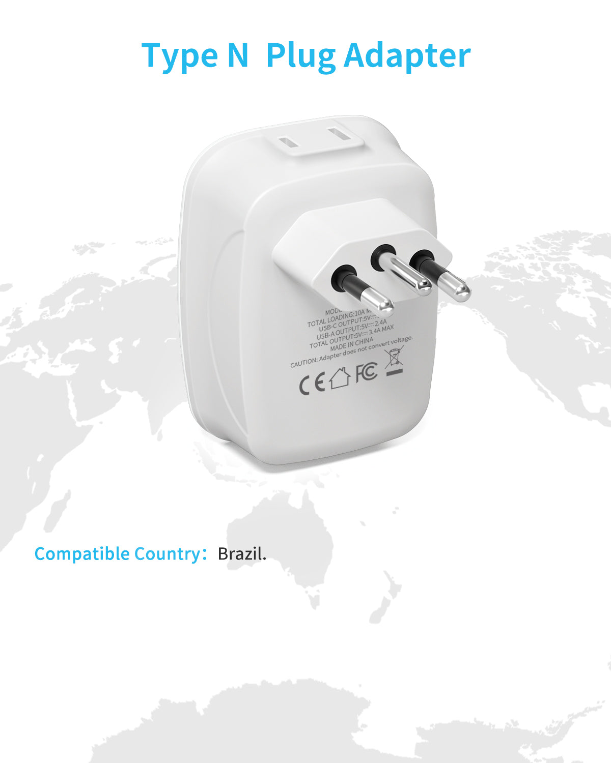 Brazil Adapter Plug, VINTAR Type N Plug Adapter with 1 USB-C, 3 USB Ports and 2 American Outlets, 6 in 1 Brazil Power Adapter for US to Brazil