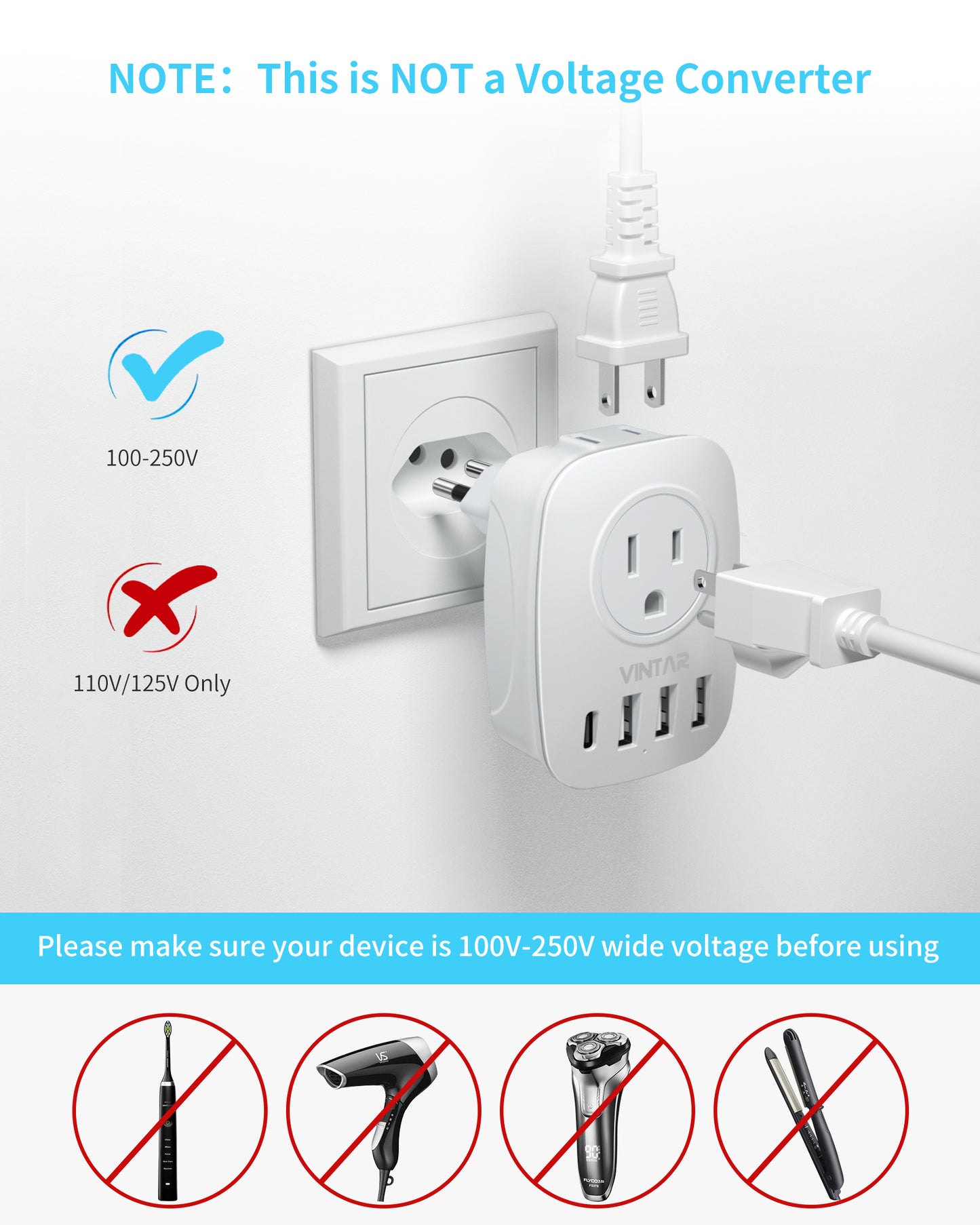 Brazil Adapter Plug, VINTAR Type N Plug Adapter with 1 USB-C, 3 USB Ports and 2 American Outlets, 6 in 1 Brazil Power Adapter for US to Brazil