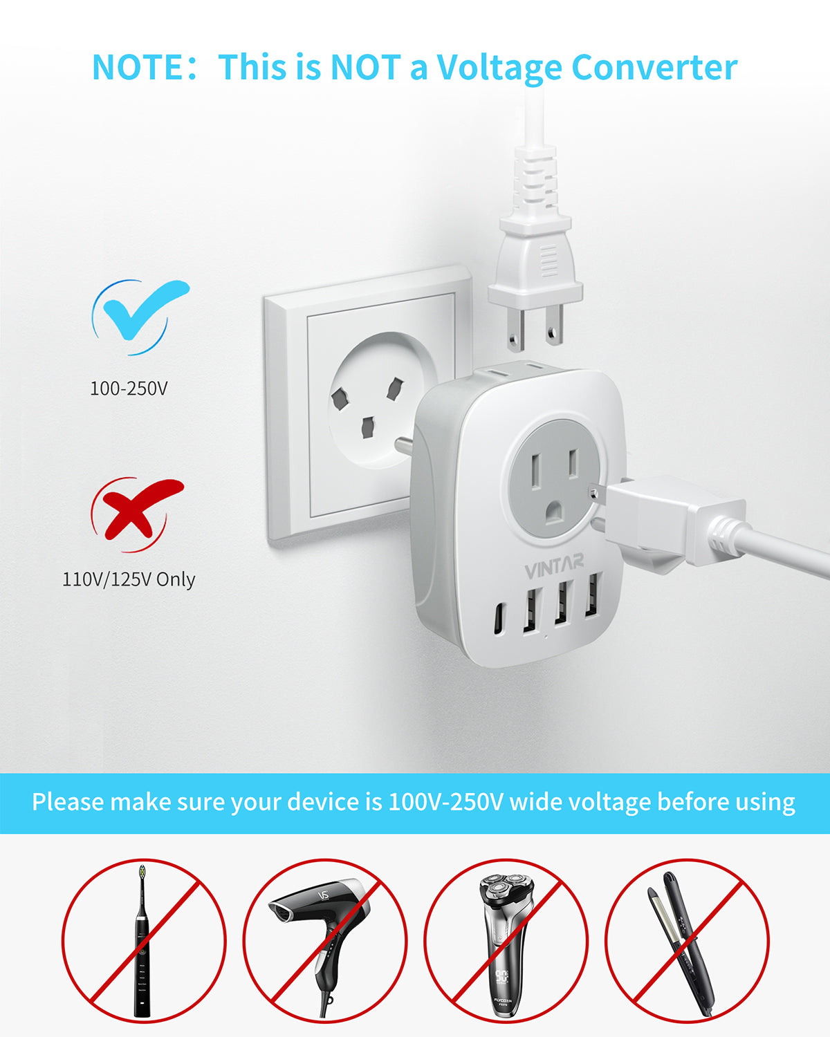 Israel Power Adapter, VINTAR Israel Plug Adapter with 1 USB C,3 USB Ports and 2 American Outlets,6 in 1 Type H Travel Adapter for US to Israel, Jerusalem, Palestine