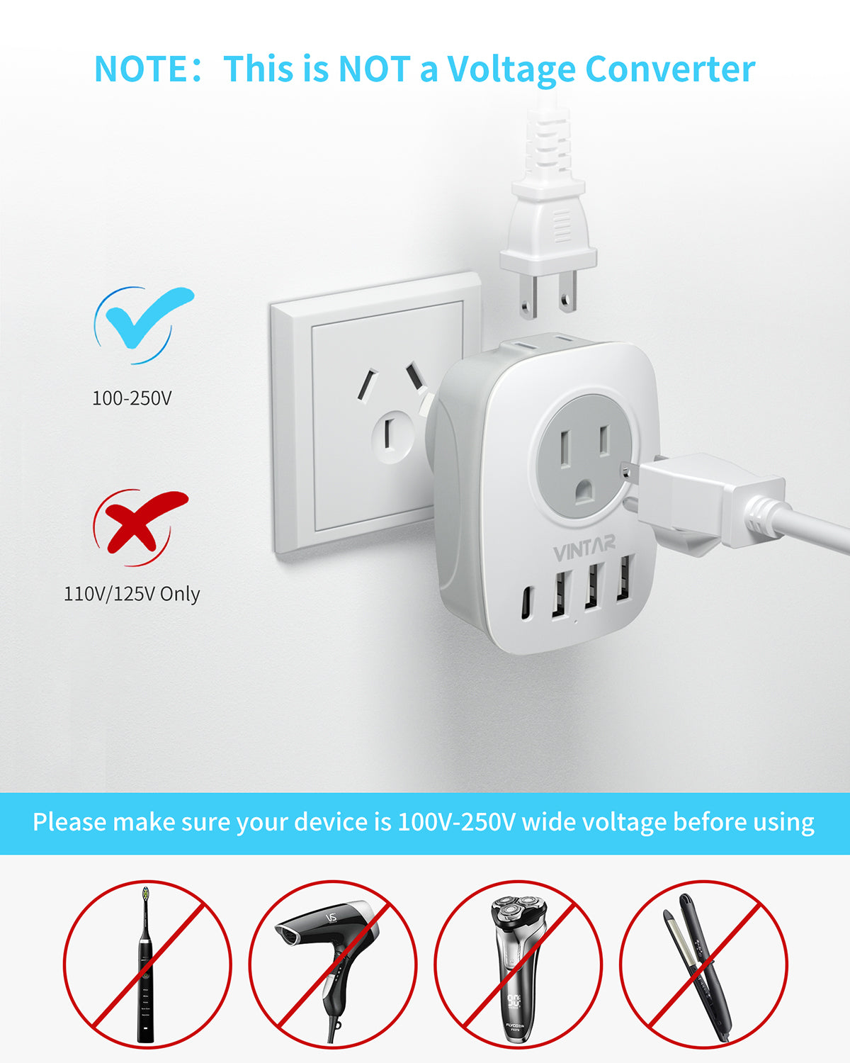 Australia New Zealand Power Plug Adapter, VINTAR Australia Travel Adapter with 1 USB C,3 USB Ports and 2 American Outlets, 6 in 1 Type I Plug Adapter for US to Australia, Argentina, China
