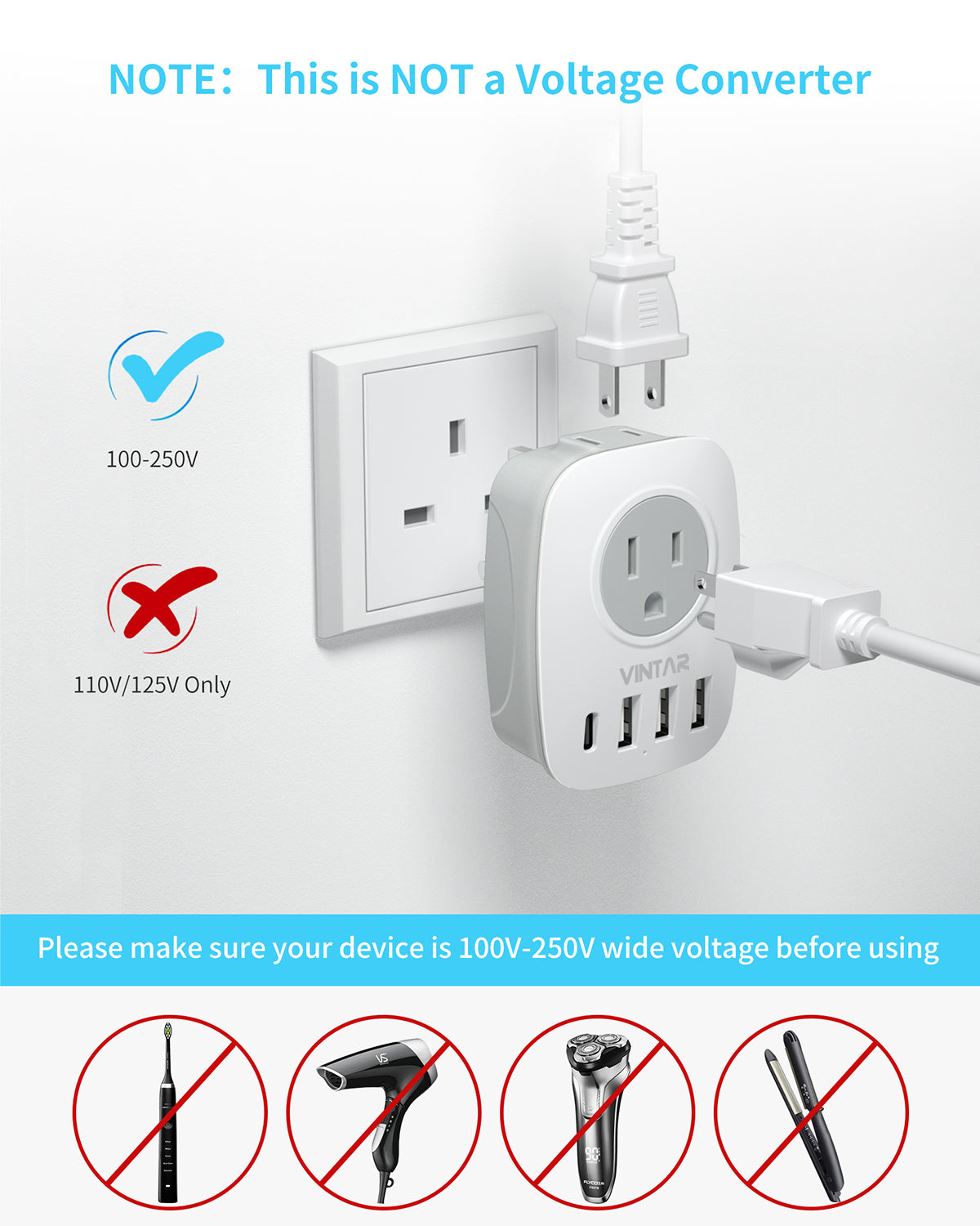 UK Ireland Travel Plug Adapter, VINTAR Type G Travel Adapter with 1USB C, 3 USB Ports and 2 Outlets,6 in 1 UK Power Adaptor for USA to England London British Hong Kong Irish Kenya Dubai Qatar