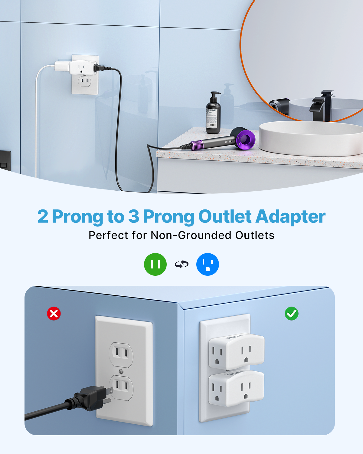 2 Prong to 3 Prong Outlet Adapter, VINTAR 2 Prong Power Strip with 3 AC Outlets (1875W/15A), Polarized Plug, Wall Plug Extender for Non-Grounded Outlet in Old House, Cruise Essentials, 2 Pack