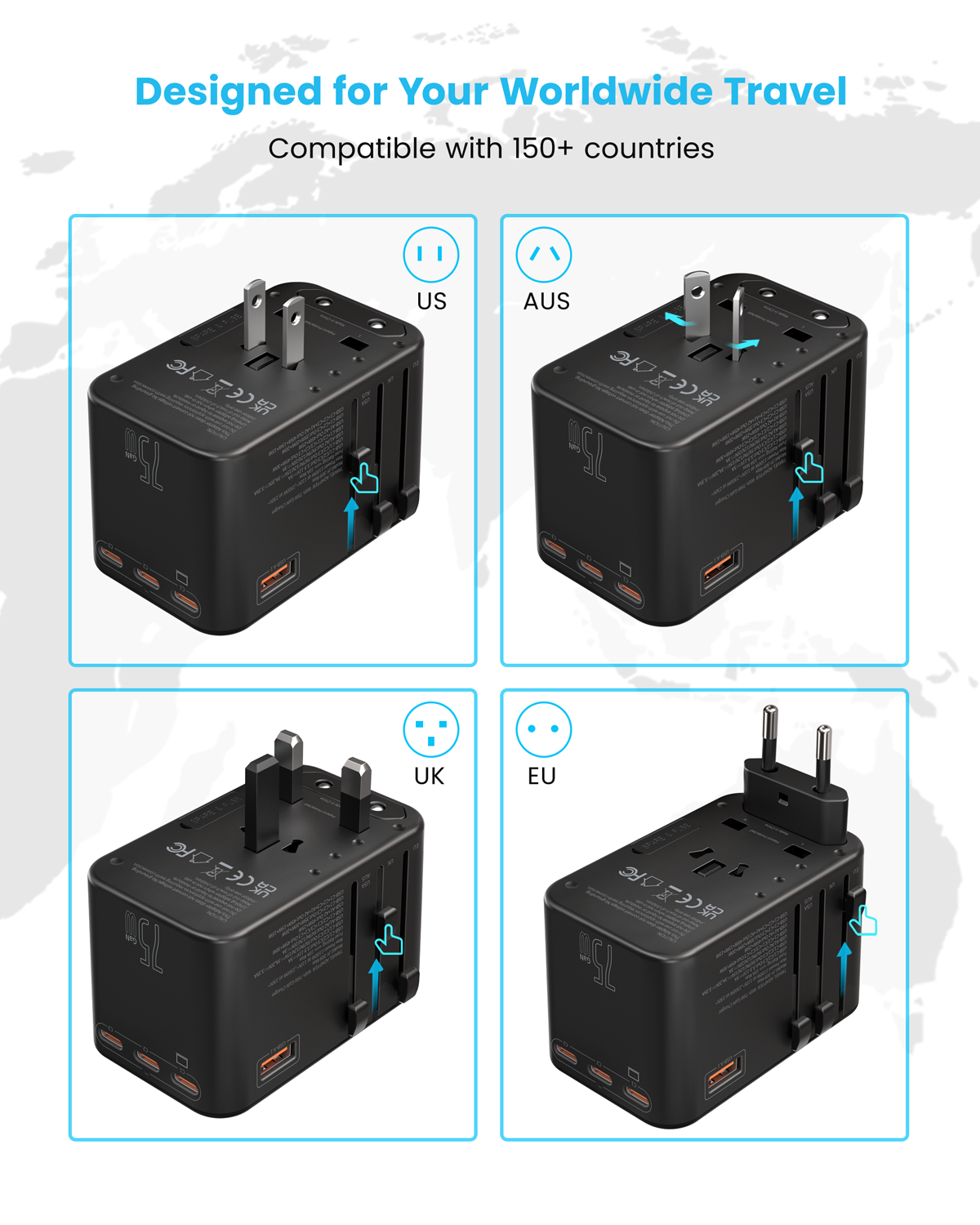Universal Travel Adapter, VINTAR 75W GaN International Plug Adapter with 3 USB-C PD & 2 USB-A QC, All-in-one Travel Essentials for UK/EU/USA/AUS, Travel Adapter Worldwide for Laptops Phones, Black