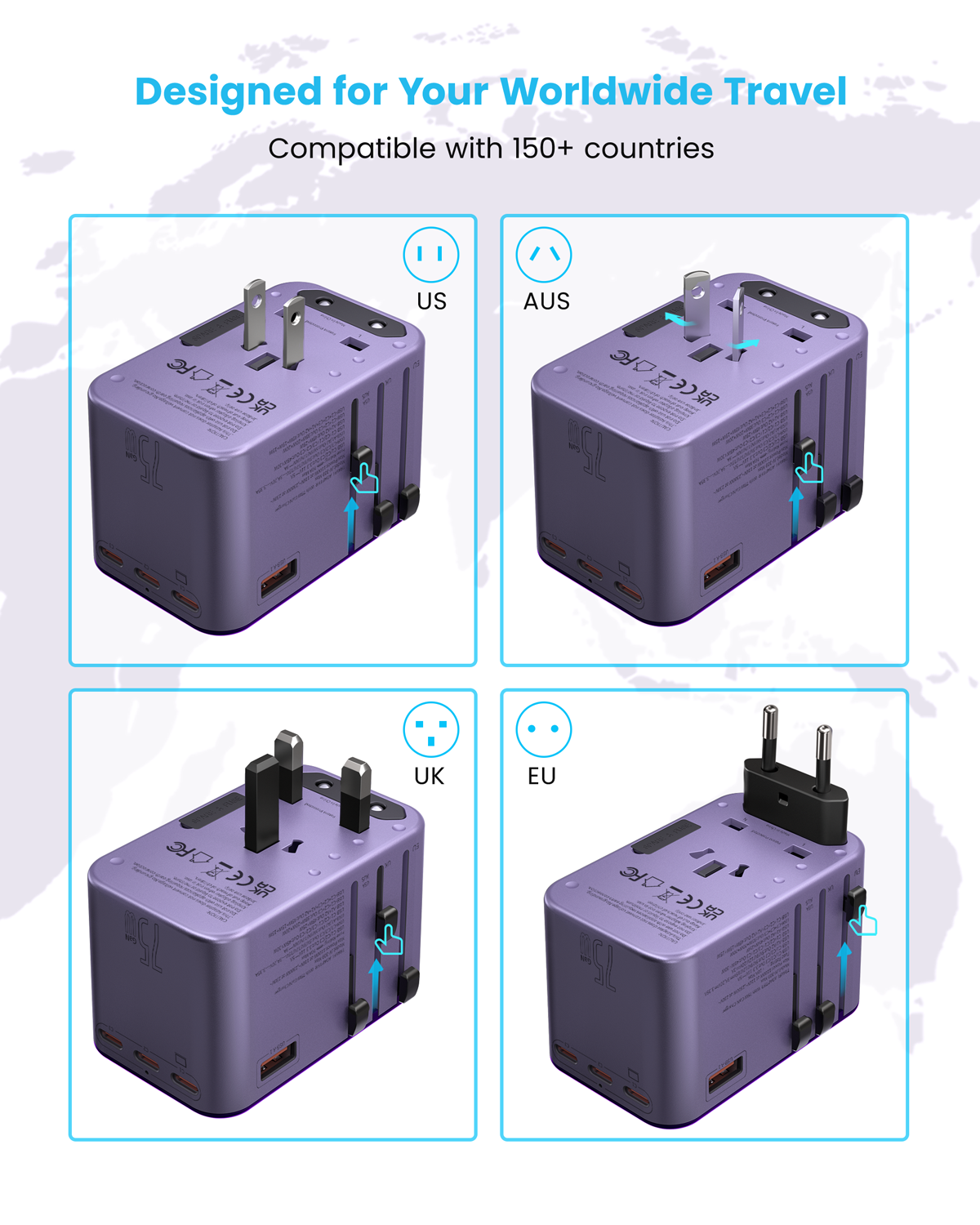 Universal Travel Adapter, VINTAR 75W GaN International Plug Adapter with 3 USB-C PD & 2 USB-A QC, All-in-one Travel Essentials for UK/EU/USA/AUS, Travel Adapter Worldwide for Laptops Phones, Purple