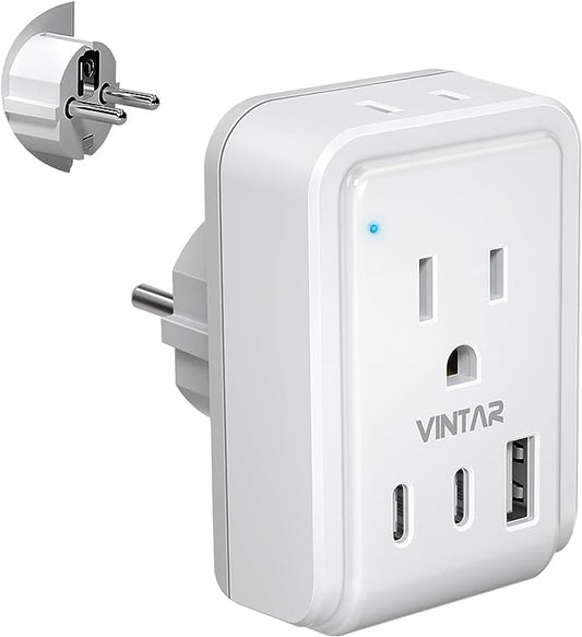 Type E F Plug Adapter,VINTAR Schuko Germany France Power Adapter with 2 American Outlets 3 USB Ports(2 USB C), 5 in 1 Type F Travel Adapter for US to EU Spain Iceland Korea Greece Russia German French