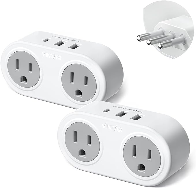Italy Travel Plug Adapter, VINTAR US to Italy Power Adapter with 1 USB-C 2 USB-A Ports and 2 American Outlets, 5 in 1 Outlet Adapter, Type L Plug Adapter for USA to Italy Uruguay Chile