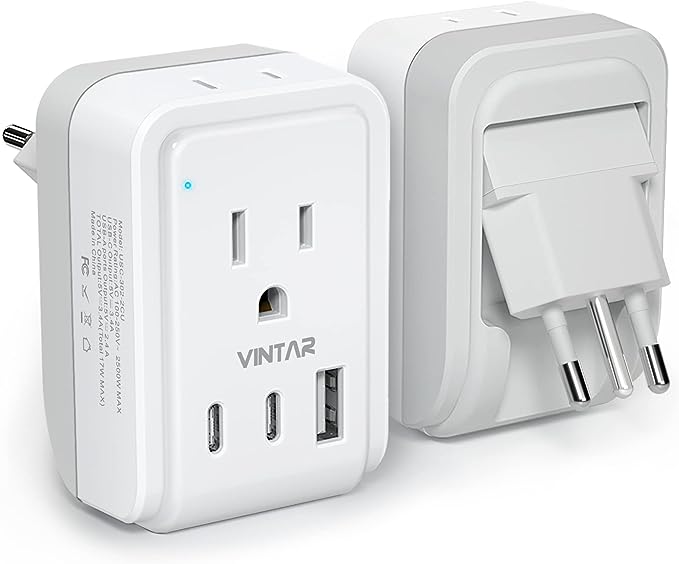 Italy Travel Plug Adapter, VINTAR 5 in 1 Foldable Italy Power Adapter with 17W 3 USB Ports(2 USB C) & 2 American Outlets, 3 Prong Grounded Type L Adapter for US to Italy Rome Uruguay Chile