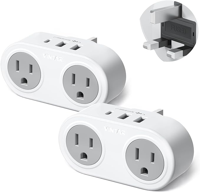 US to UK Plug Adapter,VINTAR Type G Travel Adapter with 1USB C, 2USB Ports and 2 Outlets,5 in 1 UK Power Adaptor for USA to England London British Hong Kong Irish Kenya Dubai Qatar