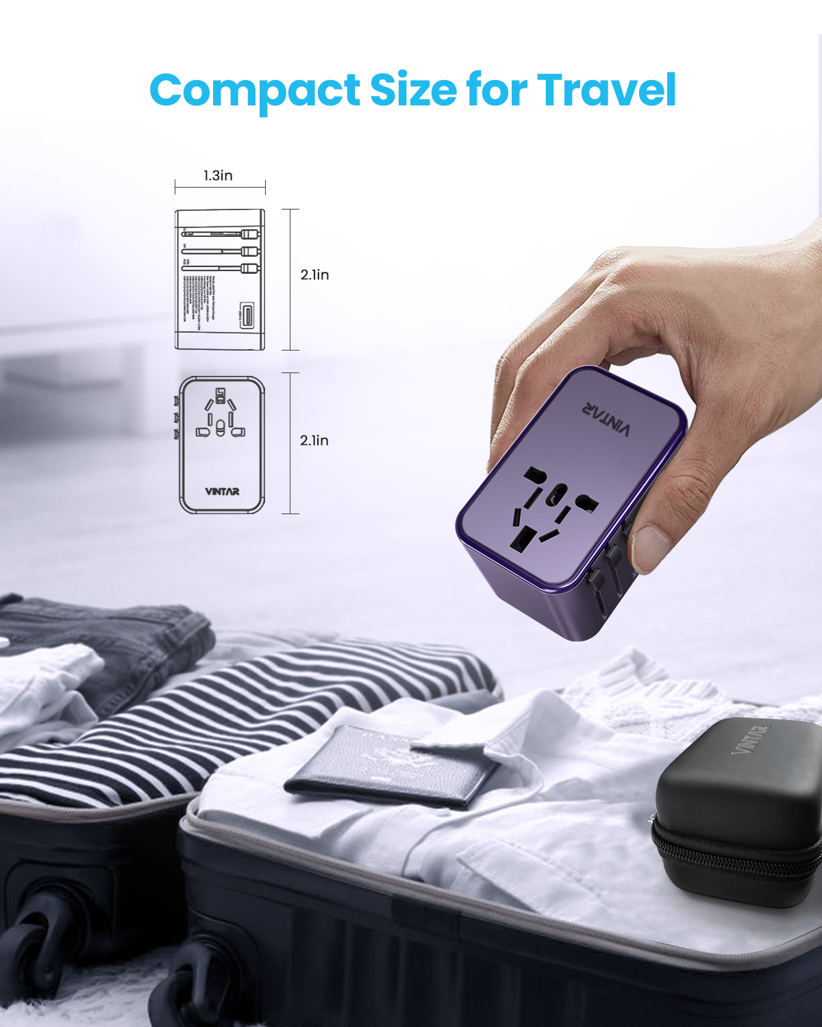 Universal Travel Adapter, VINTAR 75W GaN International Plug Adapter with 3 USB-C PD & 2 USB-A QC, All-in-one Travel Essentials for UK/EU/USA/AUS, Travel Adapter Worldwide for Laptops Phones, Purple