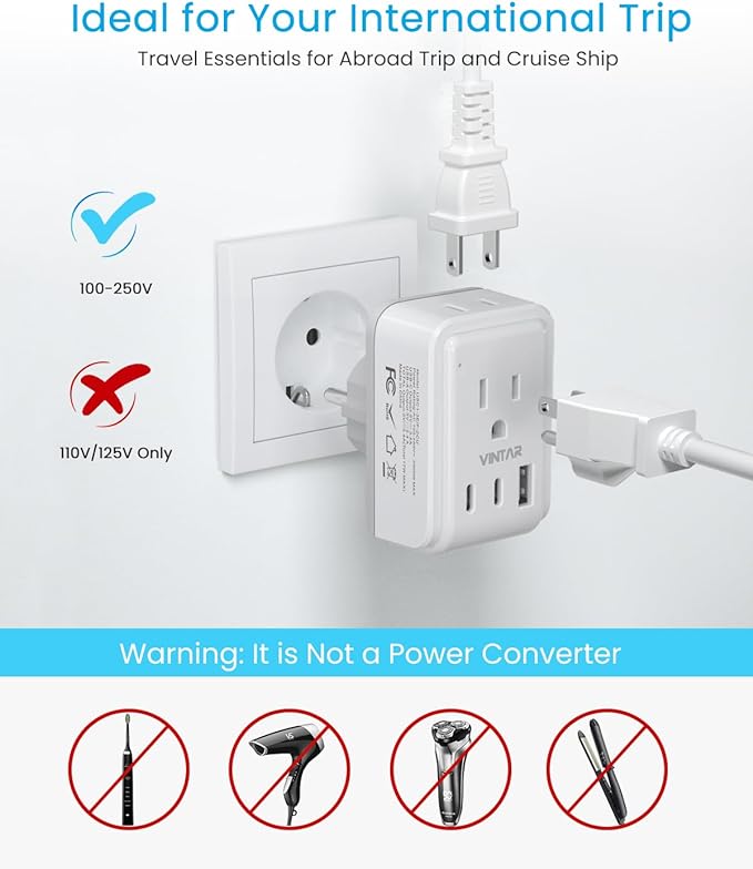 Type E F Plug Adapter,VINTAR Schuko Germany France Power Adapter with 2 American Outlets 3 USB Ports(2 USB C), 5 in 1 Type F Travel Adapter for US to EU Spain Iceland Korea Greece Russia German French