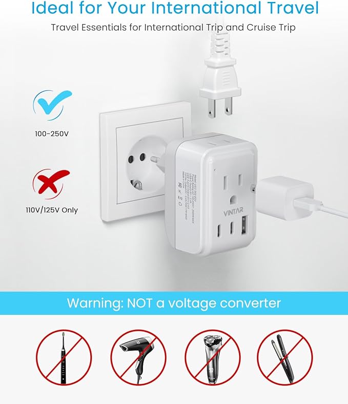 Italy Travel Plug Adapter, VINTAR 5 in 1 Foldable Italy Power Adapter with 17W 3 USB Ports(2 USB C) & 2 American Outlets, 3 Prong Grounded Type L Adapter for US to Italy Rome Uruguay Chile