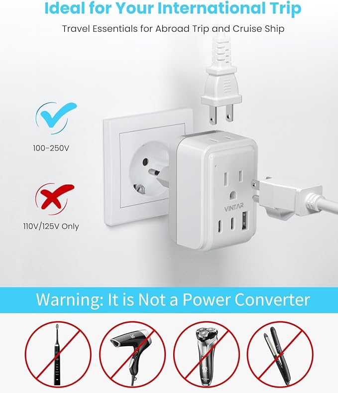 Universal Travel Adapter Kit, VINTAR International Plug Adapter with 3 USB Ports(2 USB C, 3.4A) & 2 American Outlets, Type A,C,G,D,I,M Swap&Adapt Attachments, Adapter for US/EU/UK/India/AUS/Africa