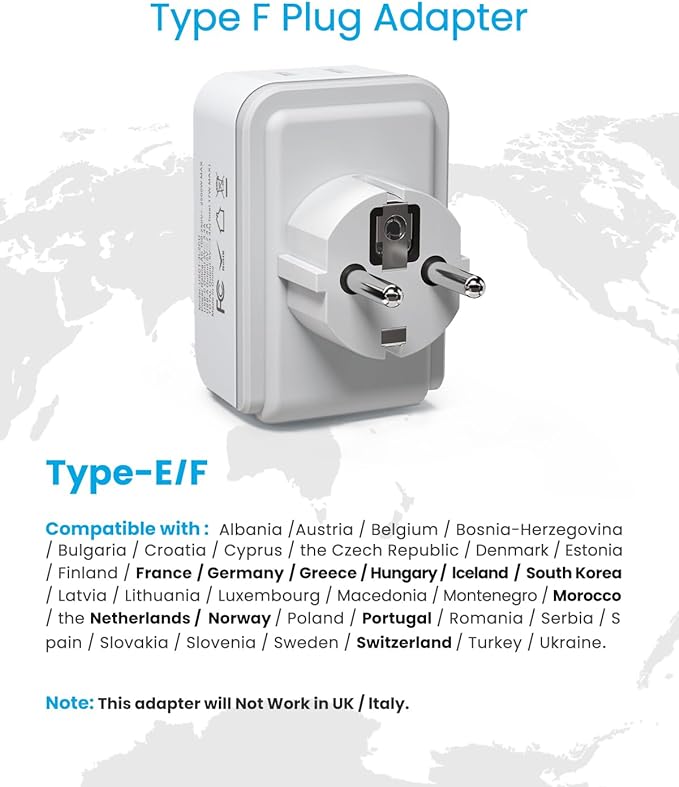 Type E F Plug Adapter,VINTAR Schuko Germany France Power Adapter with 2 American Outlets 3 USB Ports(2 USB C), 5 in 1 Type F Travel Adapter for US to EU Spain Iceland Korea Greece Russia German French
