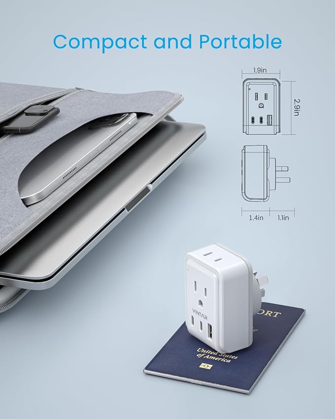 Australia New Zealand Power Adapter, VINTAR Australia Plug Adapter with 2 American Outlets 3 USB Ports(2 USB C), 5 in 1 Type I Travel Adapter for US to Australia, AU, Argentina, China, Fiji