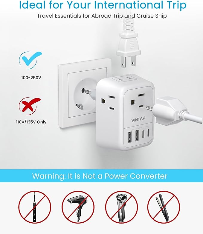 European Travel Plug Adapter, VINTAR Foldable International Travel Adapter with 4 Outlets 4 USB Ports(2 USB C), 8 in 1 Type C Travel Essentials Charger for US to Most of Europe EU Italy Spain France
