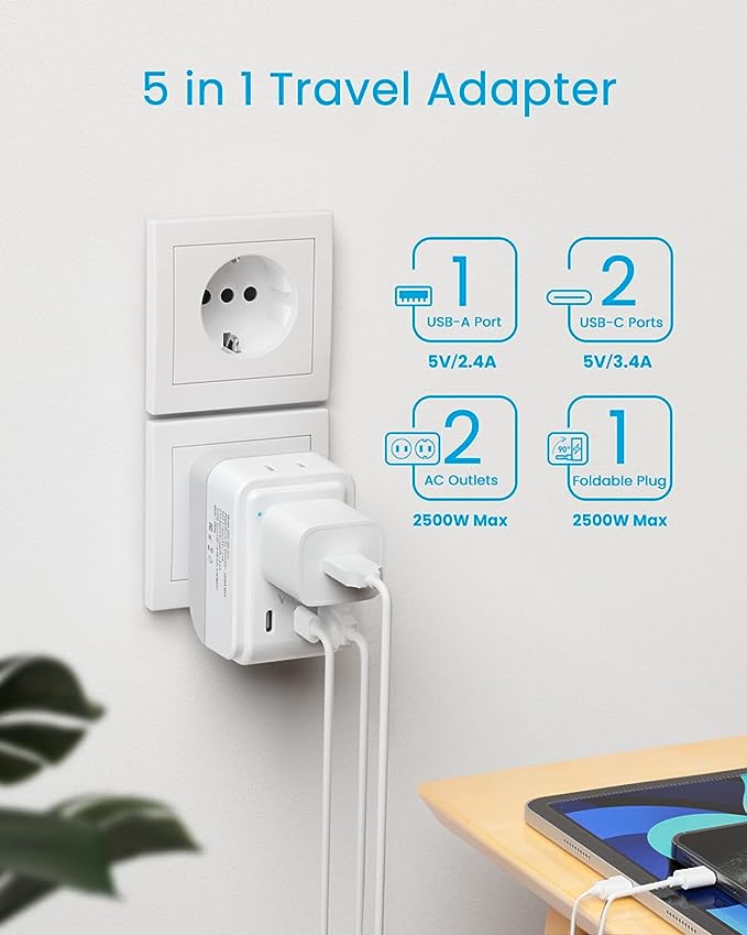 Italy Travel Plug Adapter, VINTAR 5 in 1 Foldable Italy Power Adapter with 17W 3 USB Ports(2 USB C) & 2 American Outlets, 3 Prong Grounded Type L Adapter for US to Italy Rome Uruguay Chile
