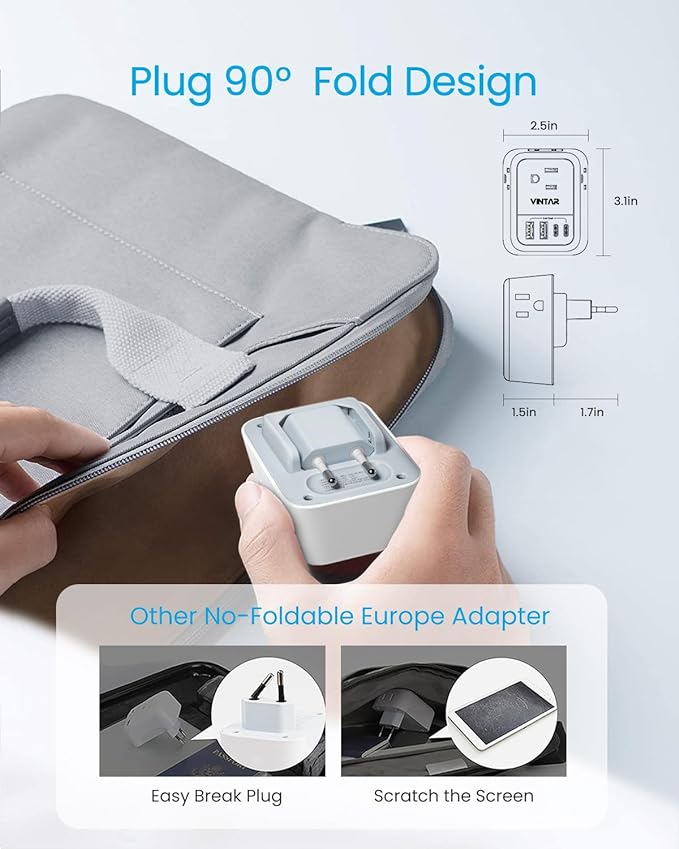 European Travel Plug Adapter, VINTAR Foldable International Travel Adapter with 4 Outlets 4 USB Ports(2 USB C), 8 in 1 Type C Travel Essentials Charger for US to Most of Europe EU Italy Spain France
