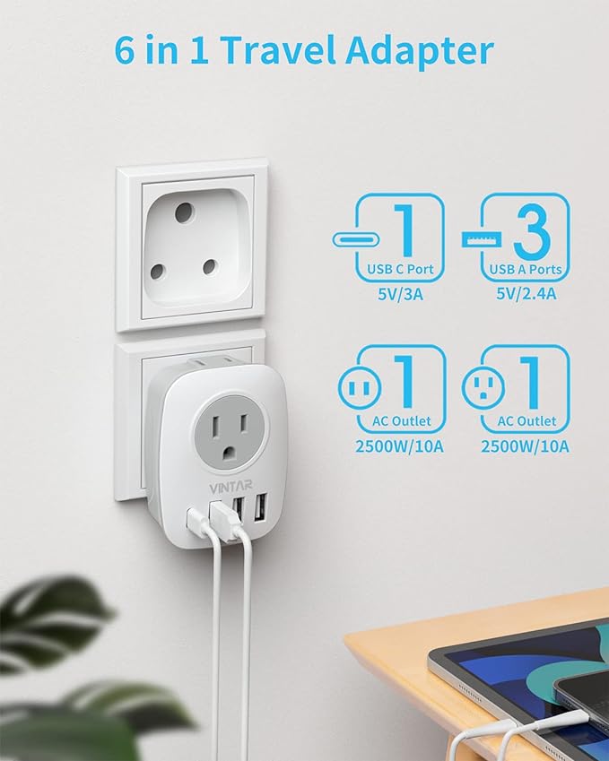 South Africa Power Adapter,VINTAR Type M Plug Adapter with 1 USB C,3 USB Ports and 2 American Outlets,6 in 1 South Africa Travel Plug Adapter for US to South Africa, Botswana, Namibia, Nepal