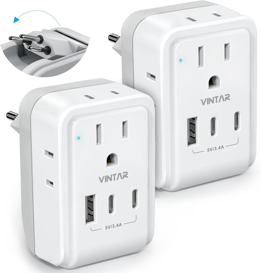 2 Pack Brazil Power Adapter, VINTAR Foldable US to Brazil Travel Adaptor with 4 American Outlets 3 USB Ports(2 USB C), 7 in 1 Type N Plug Adapter for USA to Brazilian Brazil