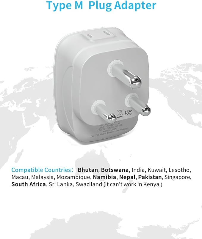 South Africa Power Adapter,VINTAR Type M Plug Adapter with 1 USB C,3 USB Ports and 2 American Outlets,6 in 1 South Africa Travel Plug Adapter for US to South Africa, Botswana, Namibia, Nepal