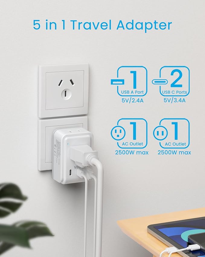Australia New Zealand Power Adapter, VINTAR Australia Plug Adapter with 2 American Outlets 3 USB Ports(2 USB C), 5 in 1 Type I Travel Adapter for US to Australia, AU, Argentina, China, Fiji