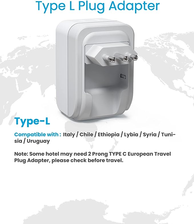 Italy Travel Plug Adapter, VINTAR 5 in 1 Foldable Italy Power Adapter with 17W 3 USB Ports(2 USB C) & 2 American Outlets, 3 Prong Grounded Type L Adapter for US to Italy Rome Uruguay Chile