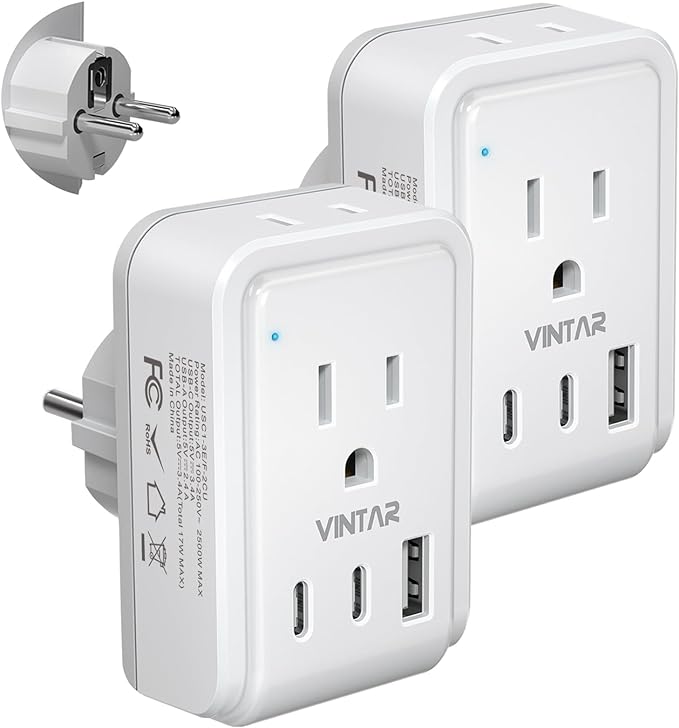 Type E F Plug Adapter,VINTAR Schuko Germany France Power Adapter with 2 American Outlets 3 USB Ports(2 USB C), 5 in 1 Type F Travel Adapter for US to EU Spain Iceland Korea Greece Russia German French