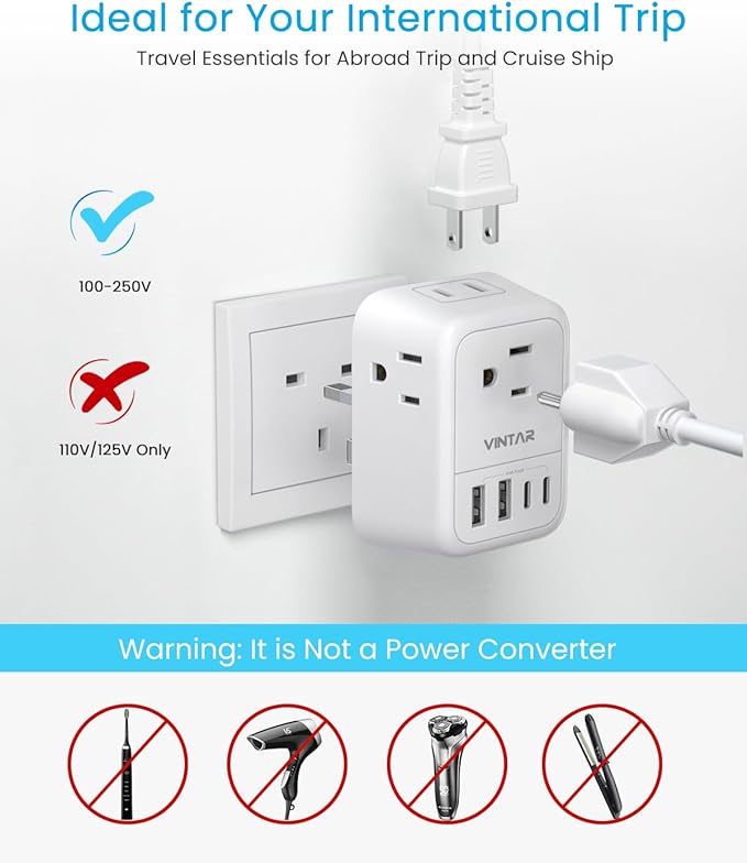 UK Travel Plug Adapter, VINTAR Foldable Ireland Travel Plug Adapter with 4 Outlets and 4 USB Ports(2 USB C), 8 in 1 Type G Power Adapter for US to Dubai Hong Kong Scotland British London England Irish