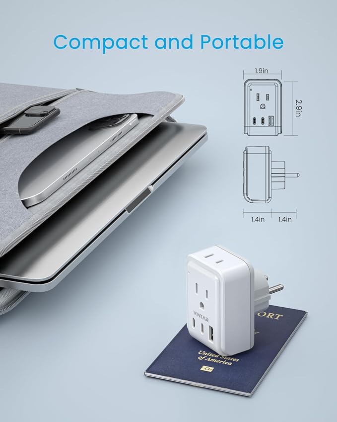 Type E F Plug Adapter,VINTAR Schuko Germany France Power Adapter with 2 American Outlets 3 USB Ports(2 USB C), 5 in 1 Type F Travel Adapter for US to EU Spain Iceland Korea Greece Russia German French