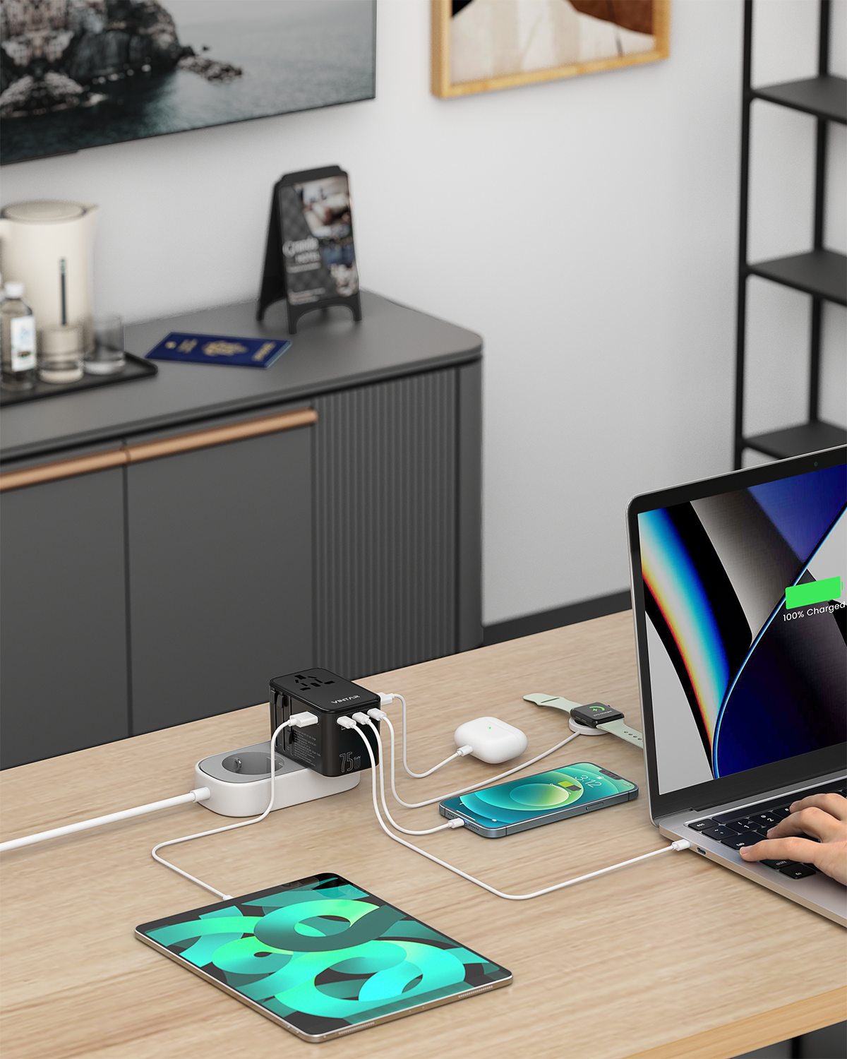 Universal Travel Adapter, VINTAR 75W GaN International Plug Adapter with 3 USB-C PD & 2 USB-A QC, All-in-one Travel Essentials for UK/EU/USA/AUS, Travel Adapter Worldwide for Laptops Phones, Black