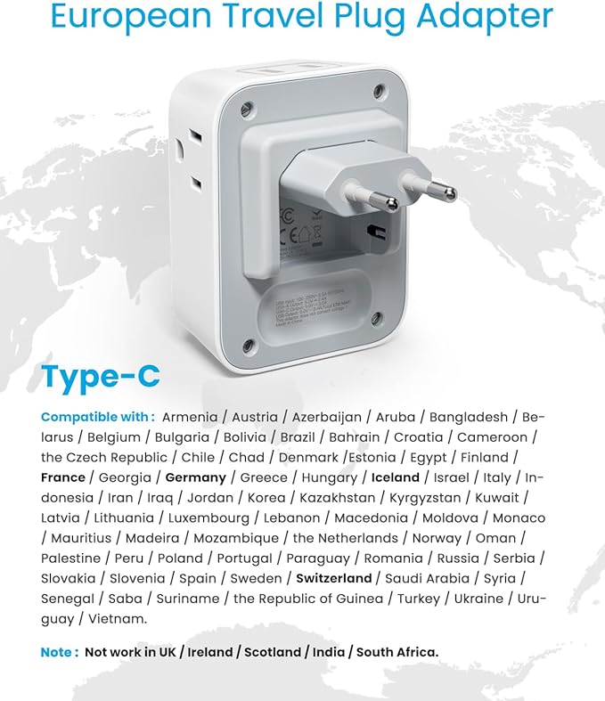 European Travel Plug Adapter, VINTAR Foldable International Travel Adapter with 4 Outlets 4 USB Ports(2 USB C), 8 in 1 Type C Travel Essentials Charger for US to Most of Europe EU Italy Spain France
