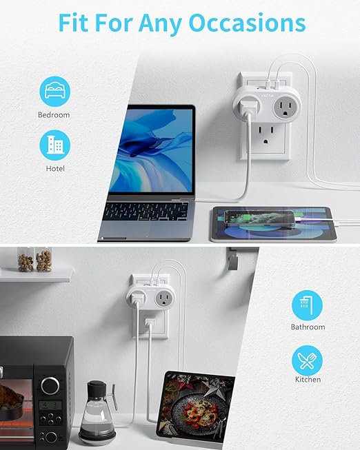 Multi Plug Outlet Extender with USB C, VINTAR Outlet Splitter with 2 Electrical Plugs and 3 USB Wall Charger (1 USB C), Wall Plug Expander for Cruise Ship, Home, Office, Dorm Room Essentials