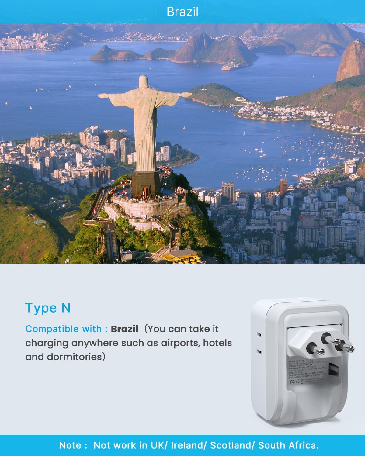 2 Pack Brazil Power Adapter, VINTAR Foldable US to Brazil Travel Adaptor with 4 American Outlets 3 USB Ports(2 USB C), 7 in 1 Type N Plug Adapter for USA to Brazilian Brazil