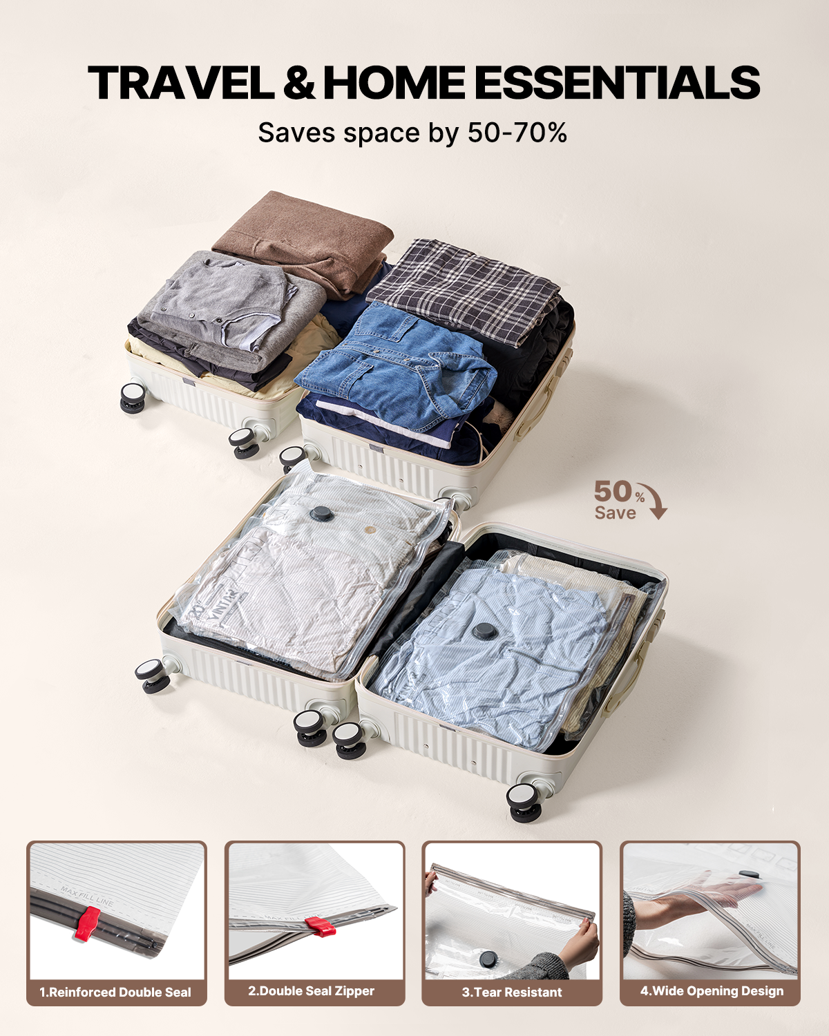 Vacuum Seal Bags for Clothing Travel with Rechargeable Cordless Pump, VINTAR 20 Pack Space Saver Vacuum Storage Bags(5J+5L+5M+5S), Compression Packing Bags for Luggage and Suitcase
