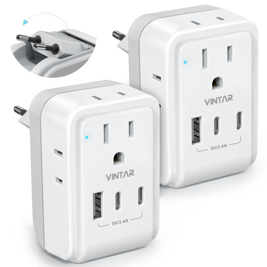 2 Pack European Travel Plug Adapter, VINTAR Foldable International Power Adapter with 4 AC Outlets 3 USB Ports(2 USB C), Type C Adaptor Charger for US to Most of Europe EU Italy Spain France Iceland