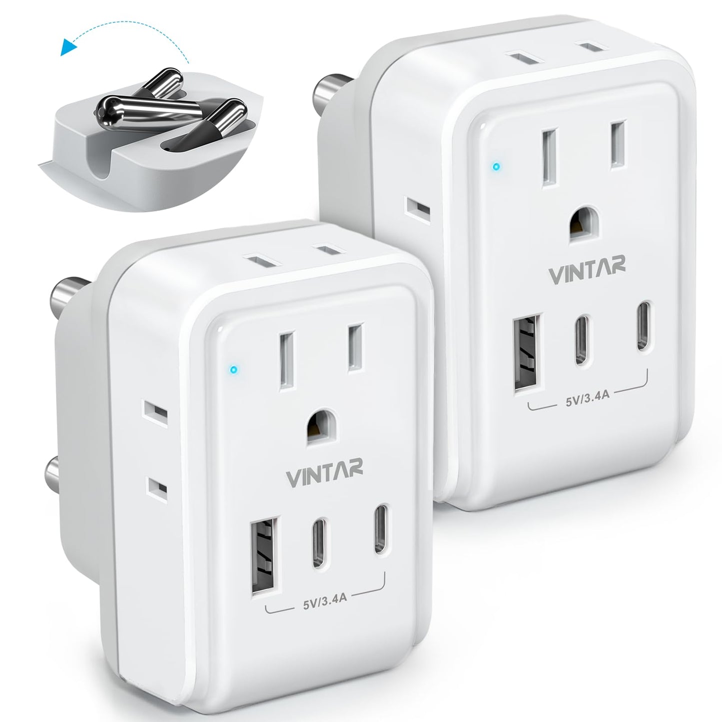 2 Pack South Africa Plug Adapter, VINTAR Foldable Type M Power Adaptor with 4 AC Outlets 3 USB Ports(2 USB C), Travel Essentials for US to Bhutan Namibia Nepal Malaysi