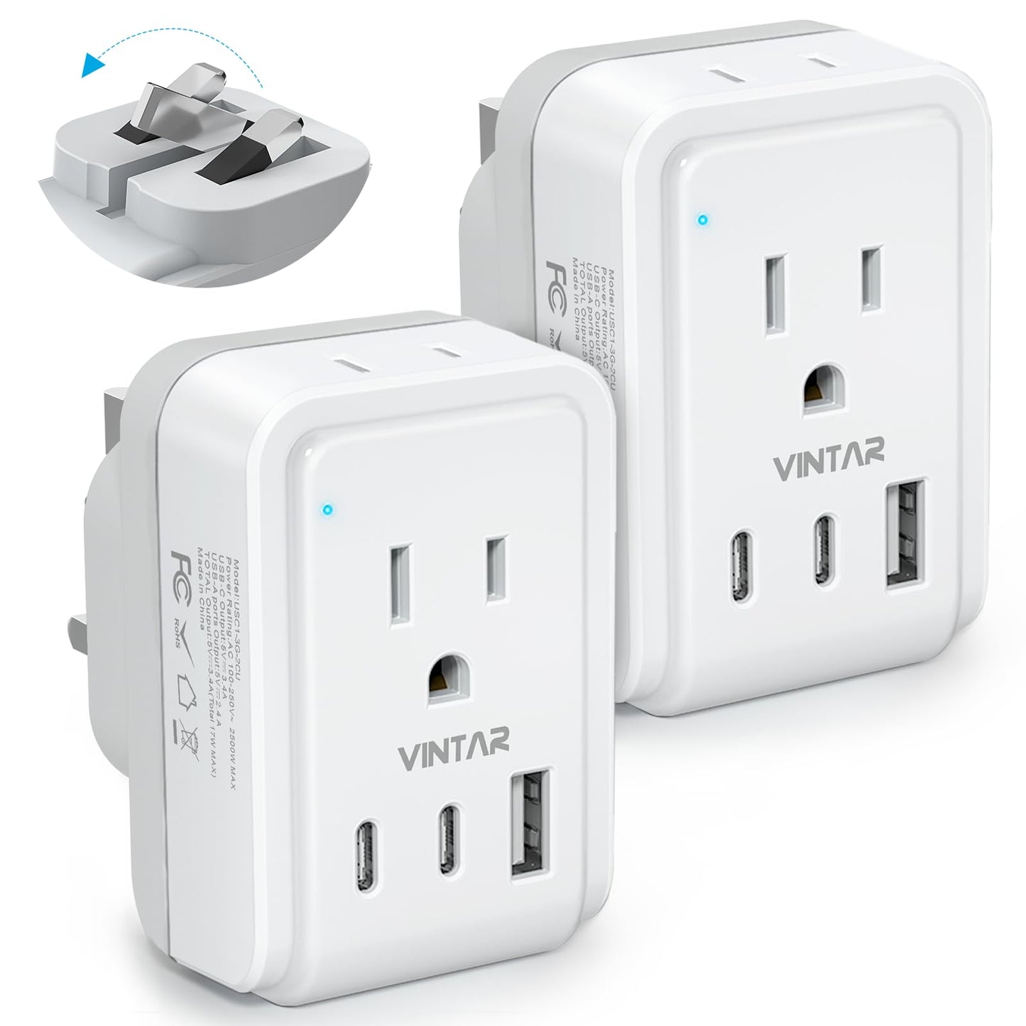 2 Pack US to UK Ireland Plug Adapter, VINTAR Foldable Type G Power Adapter, UK Travel Adaptor with 2 Outlets and 3 USB(2 USB C Ports) for England Scotland Ireland London Dubai Singapore Hong Kong