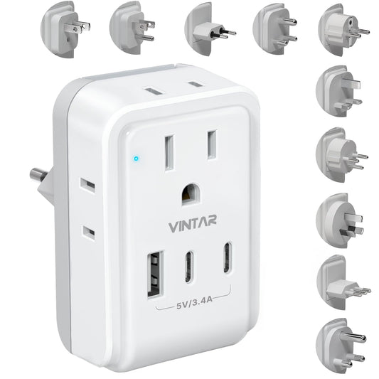 VINTAR Universal Travel Adapter Kit, International Power Adapter with 4AC and 3USB Ports(2 USB-C), Type A,B,C,D,E/F,G,H,I,L,M Swap Adapt Attachments, Travel Adapter Worldwide for Europe/Africa/India