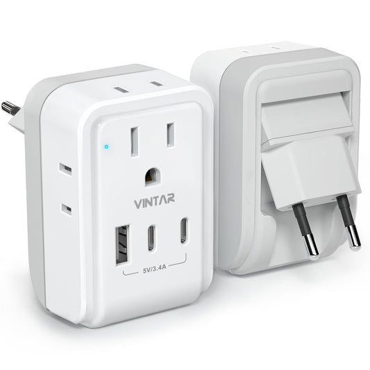 1 Pack European Travel Plug Adapter, VINTAR Foldable International Power Adapter with 4 AC Outlets 3 USB Ports(2 USB C), Type C Adaptor Charger for US to Most of Europe EU Italy Spain France Iceland