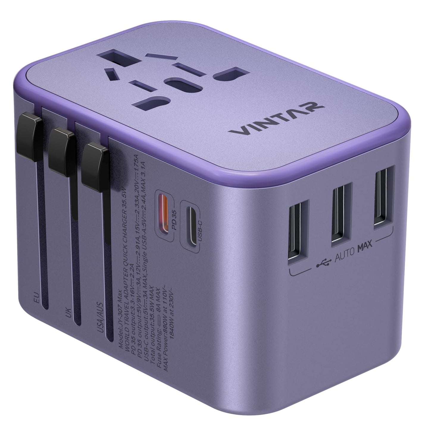 Universal Travel Adapter, VINTAR 35.5W International Power Adapter with 3 USB A QC and 2 USB C PD, All in One Plug Adapter Worldwide Travel Essentials for EU/UK/USA/AUS(Type C/G/A/I), Purple