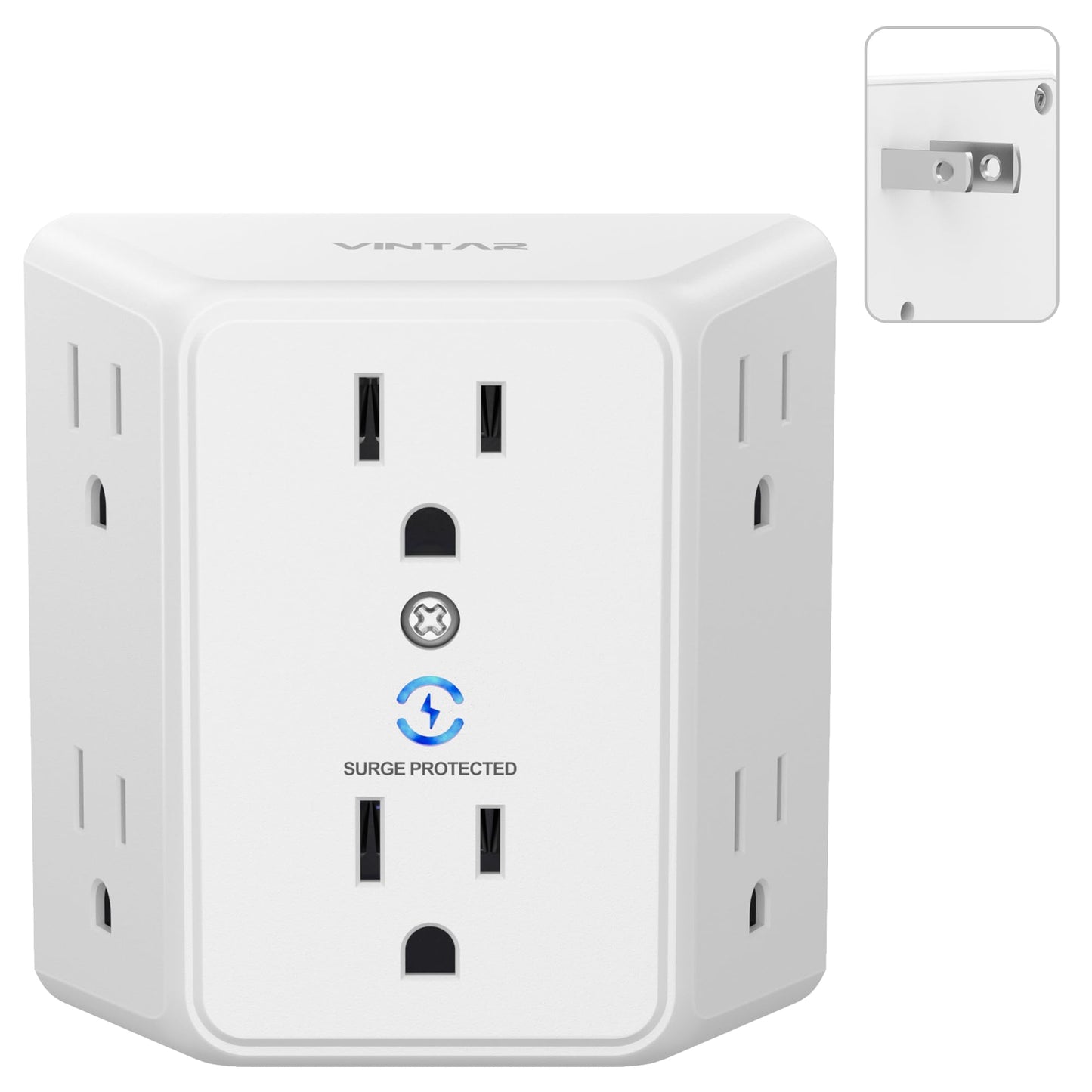 VINTAR 2 Prong to 3 Prong Outlet Adapter, 3 Sided 6 Outlet Widely Spaced Extender, Polarized Plug, 2 Prong Power Strip, 900J Wall Charger Surge Protector, Mountable Wall Tap for Non Grounded Outlets