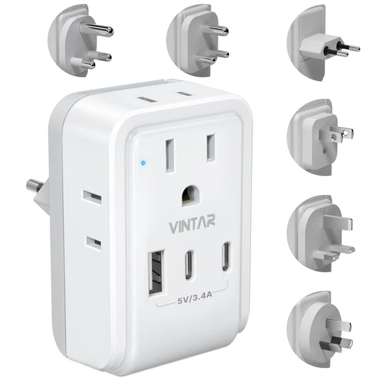 VINTAR Universal Travel Adapter Kit, International Power Adapter with 3 USB Ports (2 USB C) 4 AC Outlets, Type A,C,G,D,I,M Detachable Attachments, Travel Adapter Worldwide for US/EU/UK/India/Africa