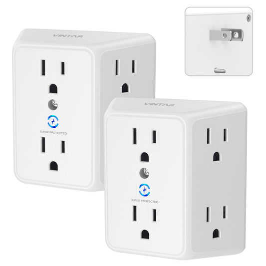 VINTAR 2 Prong to 3 Prong Outlet Adapter, 3 Sided 6 Outlet Widely Spaced Extender, Polarized Plug, 2 Prong Power Strip, 900J Wall Charger Surge Protector, Mountable Wall Tap for Non Grounded Outlets