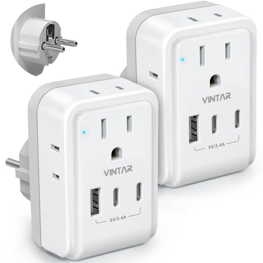 2 Pack Type E F Travel Plug Adapter, VINTAR Germany France Plug Adapter with 4 Outlets 3 USB Ports(2USB C), South Korea Outlet Adapter, Schuko Power Adaptor for US to Europe Spain Greece Iceland Korea