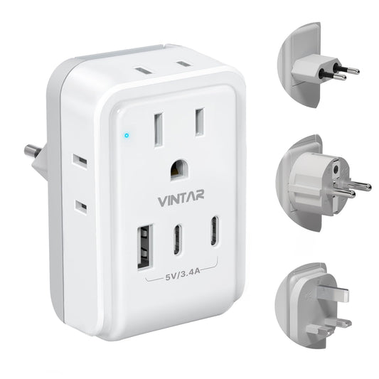 VINTAR European Travel Plug Adapter Kit, Adapter for Europe Plug with 3 USB Ports (2 USB C) 4 AC Outlets, Type C,G,E/F Detachable Attachments, International Power Adapter for Europe UK France Italy