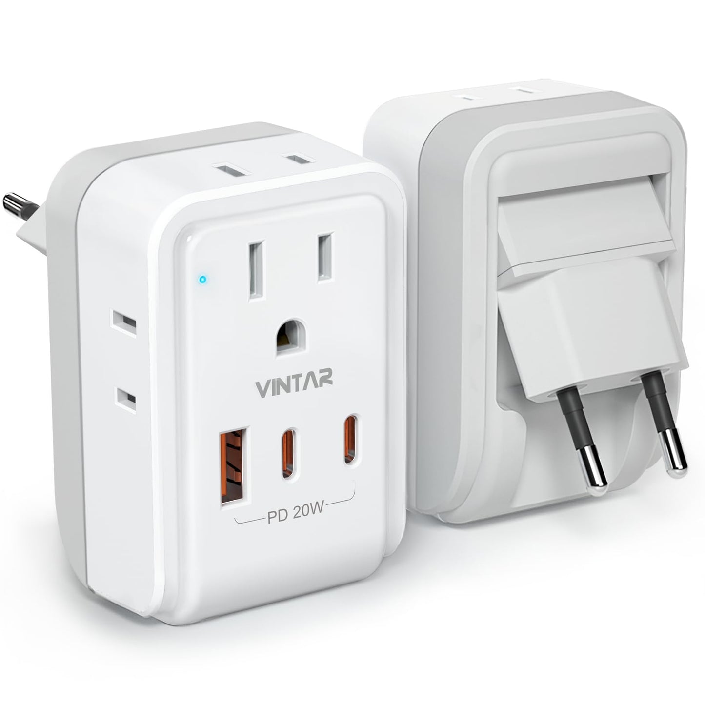 1 Pack European Travel Plug Adapter, VINTAR PD 20W Foldable Type C Adapter with 4 AC Outlets 3 USB Ports(2 USB C), Travel Essentials Charger for US to Most of Europe EU Italy Spain France