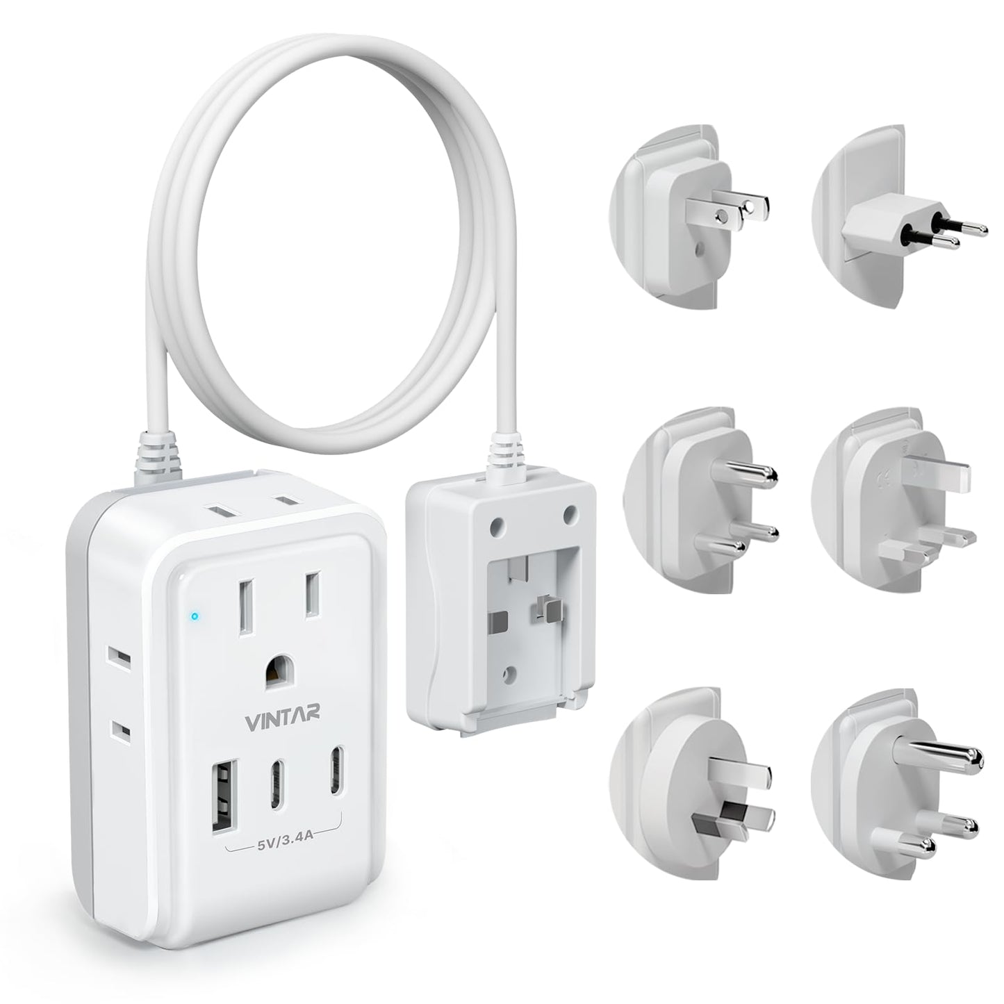 VINTAR Universal Travel Adapter Kit, 5ft Detachable Extension Cord with 4 AC Outlets & 3 USB(2 USB C), Type A/C/G/D/I/M International Power Adaptor for US to Europe UK India South Africa Japan